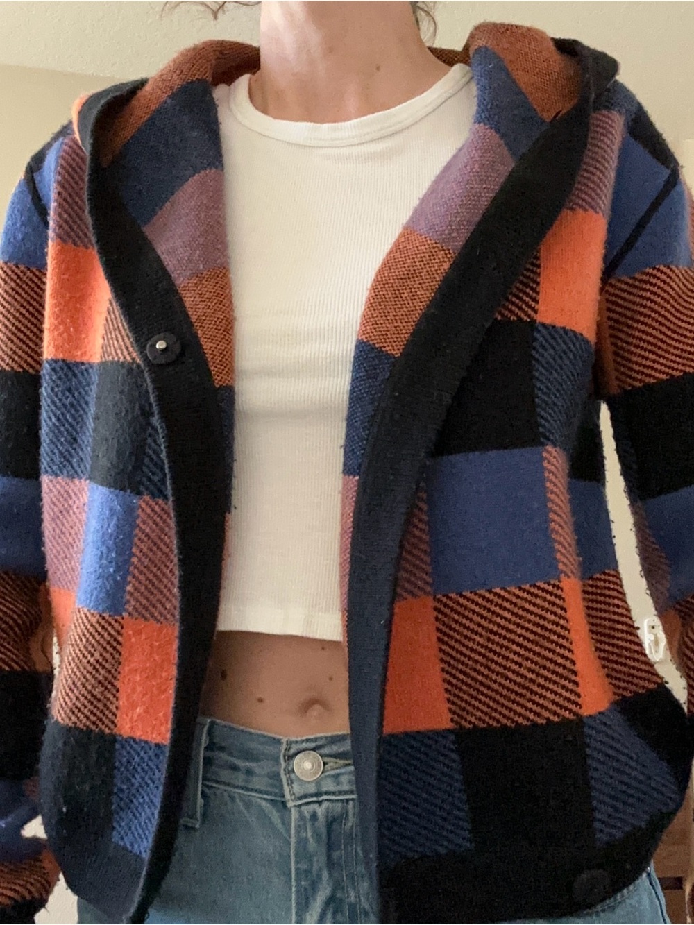 AIKO XS Plaid Hooded Cardigan Wool Cashmere Blend Orange Blue Sweater Jacket